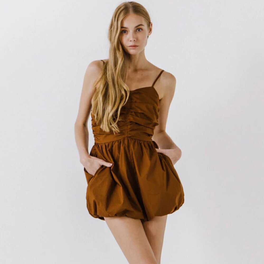 Endless Rose Shirred Blouson Romper in Camel Brown with Puffed Shorts Size S